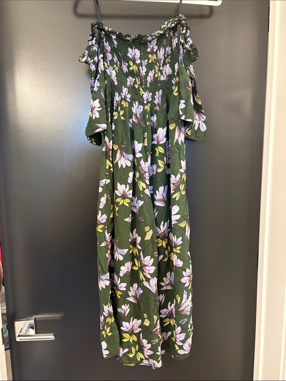 Urban Outfitters Dark Green Floral Off-Shoulder Jumpsuit with Lavender Blooms